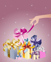 Main qui déballe des paquets cadeaux colorés sur fond rose étoil