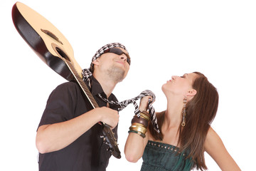 Handsome young male and female musicians, performers with guitar