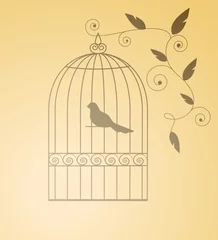 Papier Peint photo Lavable Oiseaux en cages Oiseau Siluet dans une cage