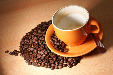 leere tasse kaffee mit frischen bohnen