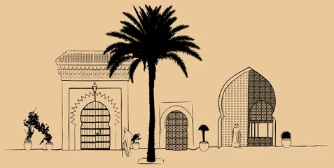 Foto op Plexiglas Art studio met de hand tekenen van typisch straatlandschap in Marokko