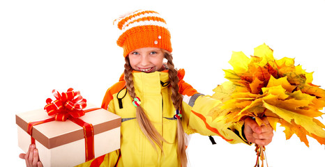 Fototapeta premium Girl in autumn orange hat with leaf group, gift box. Isolated.