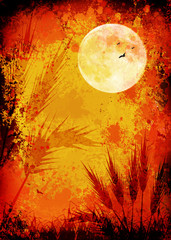 golden grunge autumn cornfield in moonlight background