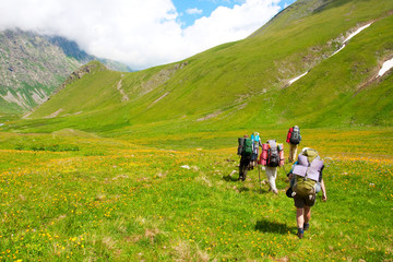 Fototapeta na wymiar Hiker in Caucasus mountains