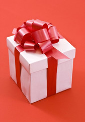 White Gift Box with Red Satin Ribbon Bow