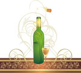 Glass and bottle with decorative ribbon. Vector