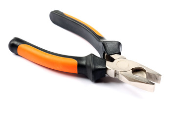 Studio shot of orange with black pliers isolated on white.