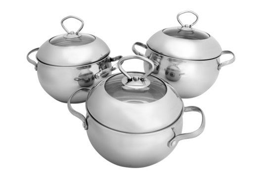 stainless steel pots and pans (isolated on white)