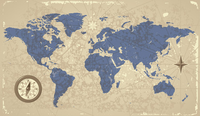 Carte du monde de style rétro avec boussole