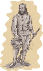 Pilgrim standing holding a musket rifle - obrazy, fototapety, plakaty