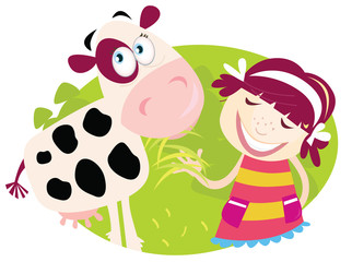 Farm girl with small cow. Vector Illustration.
