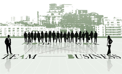 Illustration of business people and city