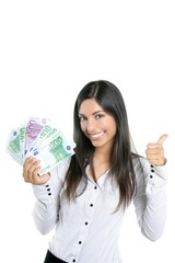 Beautiful success businesswoman holding Euro notes