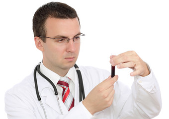 Friendly doctor resarch a medical test glass with blood