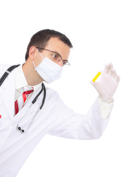 Friendly doctor -intern resarch a medical test glass with urine