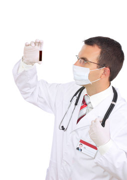 Friendly doctor resarch a medical test glass with blood