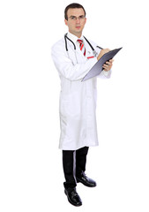 Friendly medical doctor write on paper pad. Isolated