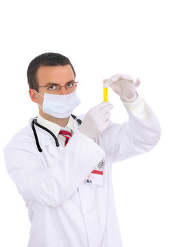 Friendly doctor-resarch a medical test glass with urine