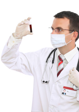 Friendly doctor  resarch a medical test glass with blood
