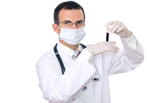 Friendly doctor -with a medical test glass with blood