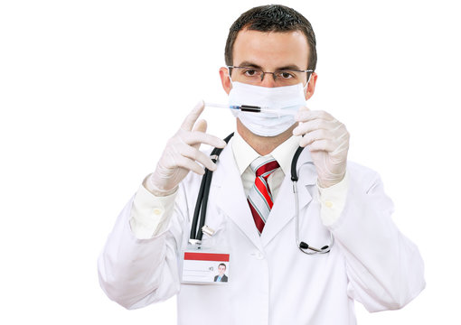 Young  doctor -intern with syringe blood analyse.