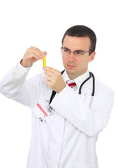 Friendly doctor -intern resarch a medical test glass with urine