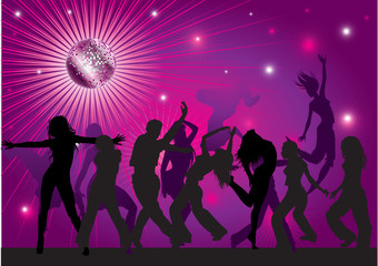 Vector background with people dancing in night club