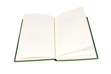 Open book in green cover with blank pages (isolated on white)