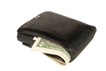 Dollar bills in an old black leather wallet (isolated on white)