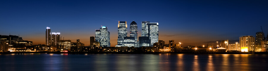 Panorama of the Canary Wharf area at sunset, London.