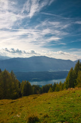 Mountain view of Millstaettersee lake from above