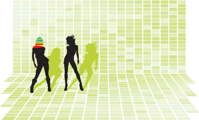 Disco party girls silhouettes at green squares 3d mosaic wall