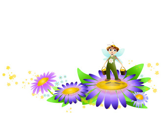 Abeille qui récolte le pollen des fleurs sur fond blanc