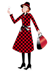 Femme rousse en manteau rouge et noir amoureuse