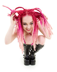 pink hair girl in high boots
