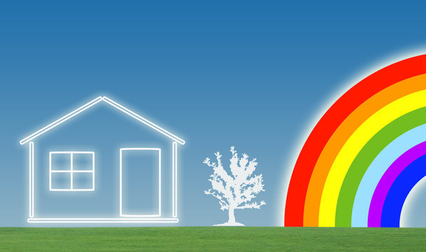 House with lawn and tree on sky with rainbow background
