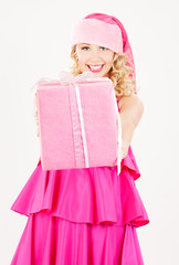 cheerful santa helper girl with gift box