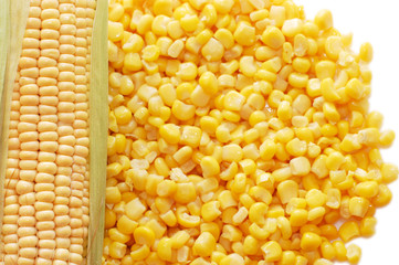 Ear of fresh corn and tinned corn
