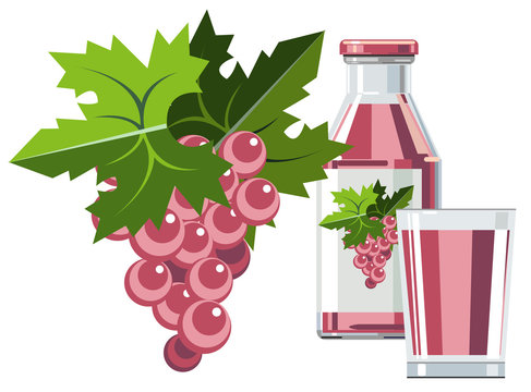 Bottle Of Pink Grape Juice With Glass And Grape Bunch