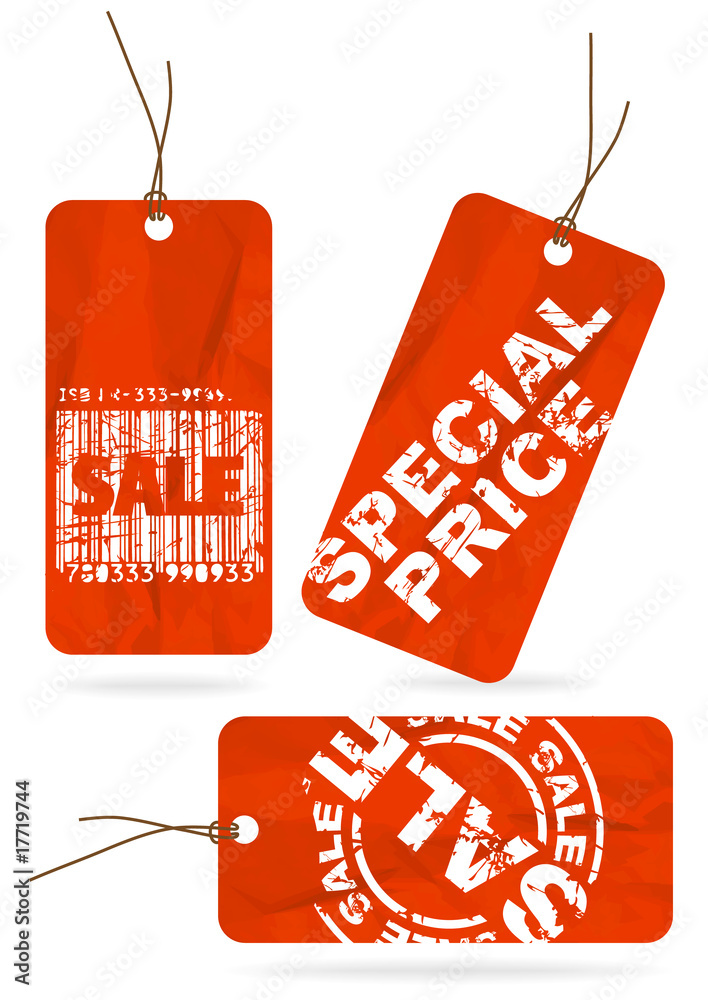 Wall mural Set of red crumpled sale paper tags