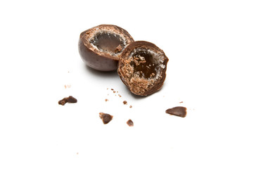 Chocolate ball cut in half with crumbs