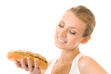 Young woman in fitness wear with sandwich, isolated