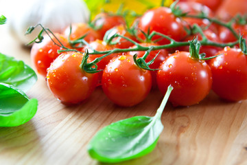 Close up of fresh cherry tomatoes and basil