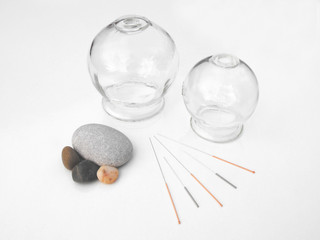 Acupuncture needles with glass cups - obrazy, fototapety, plakaty