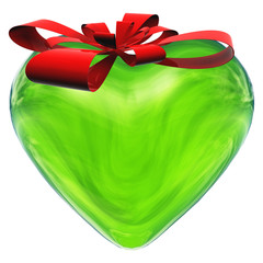 3D green glass heart isolated on white with a red ribbon