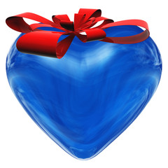 3D blue glass heart isolated on white with a red ribbon