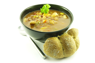 Vegetable Soup in a Black Bowl
