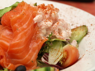 Closeup of salmon and shrimps salad.