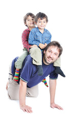 Happy young father with his children on white background