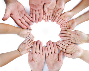 Many different sizes hands on isolated background